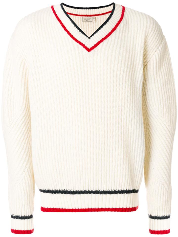 Maison Kitsuné Striped Detail V-neck Jumper - Nude & Neutrals
