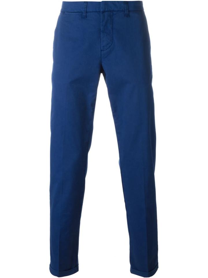 Fay Pleated Straight Leg Chinos, Men's, Size: 30, Blue, Cotton/spandex/elastane