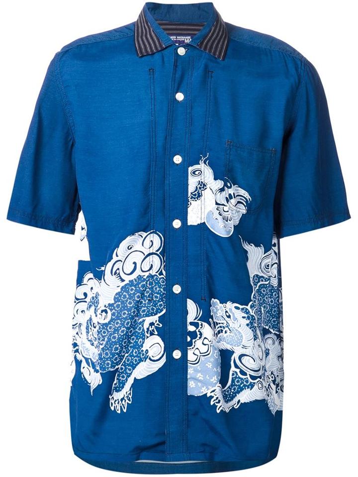 Junya Watanabe Comme Des Garçons Man Japanese Dragon Print Shirt, Men's, Size: Large, Blue, Acetate/cotton