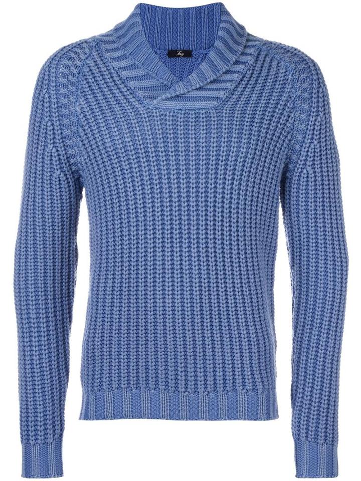 Fay Shawl Lapel Ribbed Jumper, Men's, Size: 46, Blue, Virgin Wool