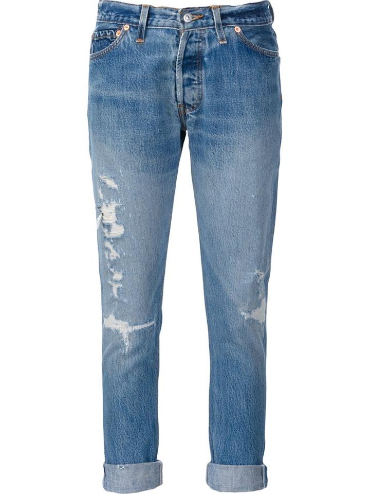 Re/done Distressed Cropped Jeans, Women's, Size: 27, Blue, Cotton
