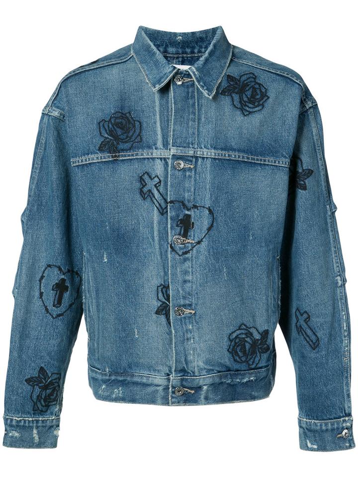 Mr. Completely - Rose Embroidered Denim Jacket - Men - Cotton - L, Blue, Cotton