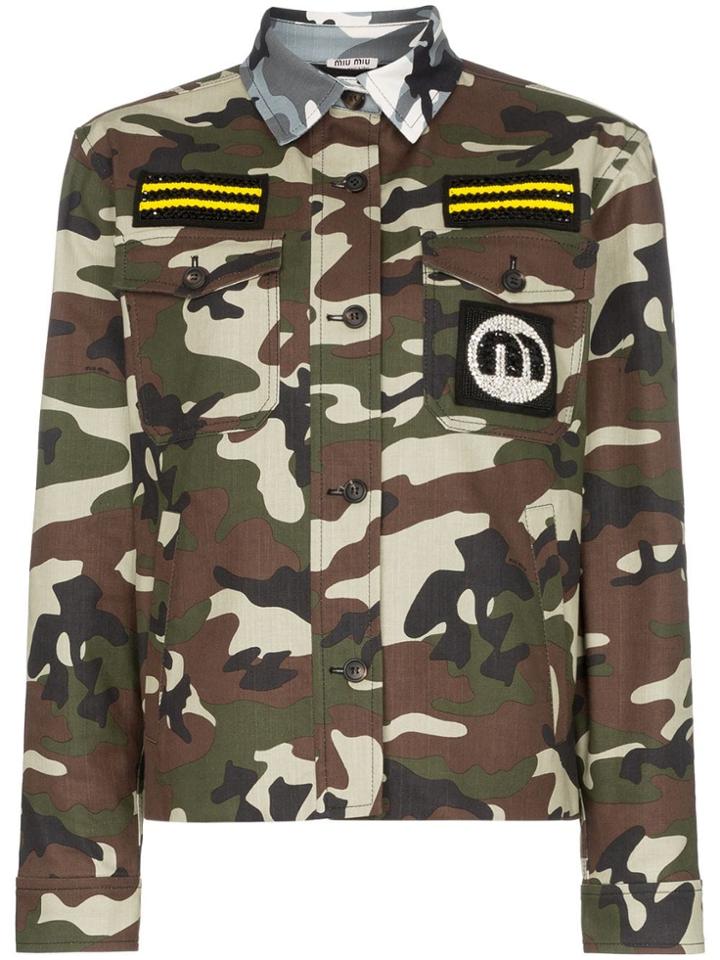 Miu Miu Contrast Collar Patch Embroidered Military Jacket - Green