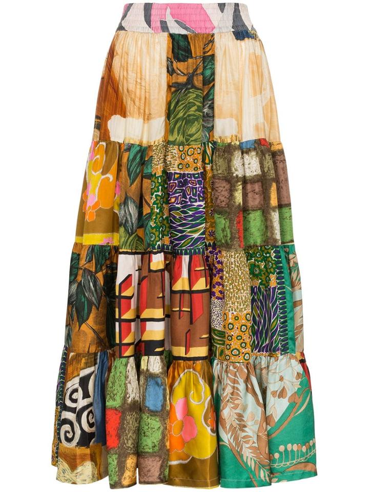 Rianna + Nina Silk Patchwork Midi Skirt - Brown