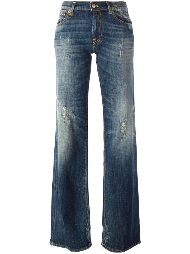 R13 Distressed Flared Jeans, Women's, Size: 24, Blue, Cotton/polyurethane/calf Leather