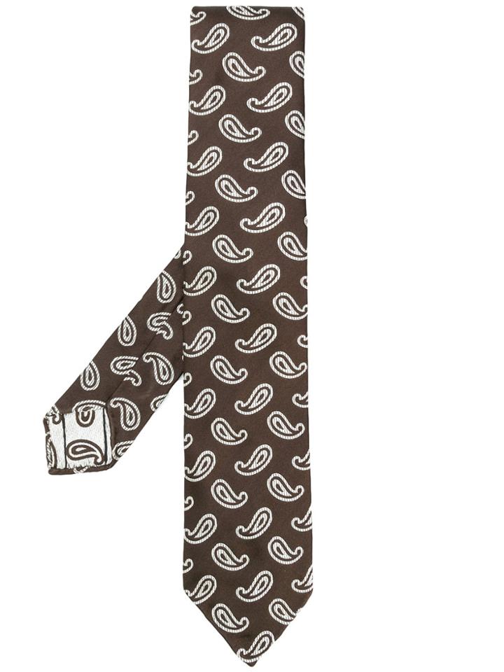 Kiton Paisley Embroidered Tie - Brown