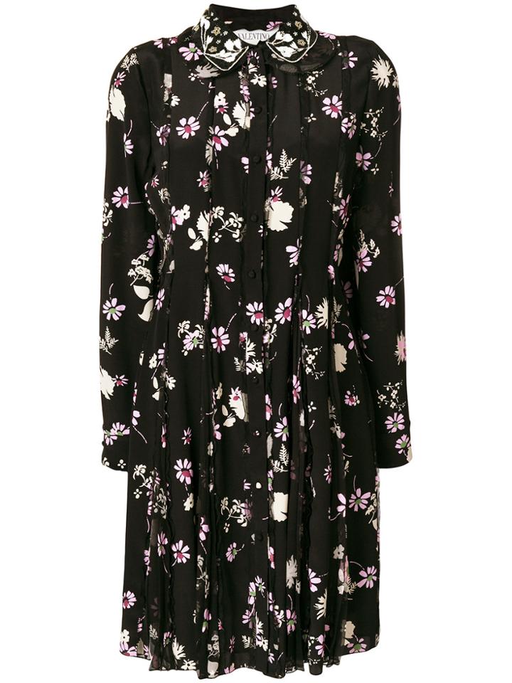Valentino Flowers Fall Pleated Dress - Black