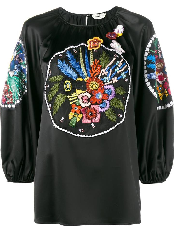 Fendi Floral Embroidered Blouse, Women's, Size: 40, Black, Viscose/cotton/silk/polyester