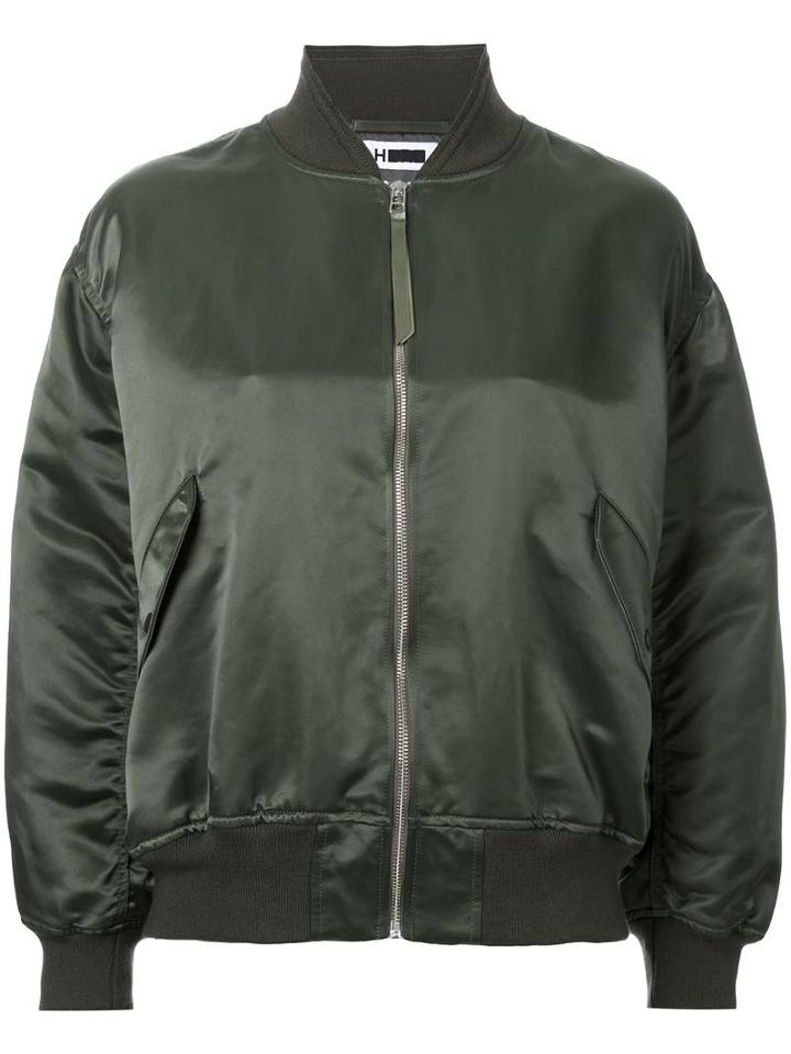 H Beauty & Youth Metallic Bomber Jacket, Women's, Size: 38, Green, Cotton/acrylic/nylon/wool