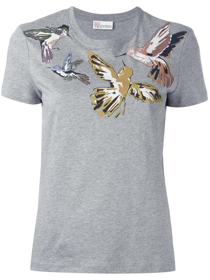 Red Valentino Bird Print T-shirt, Women's, Size: Medium, Grey, Cotton