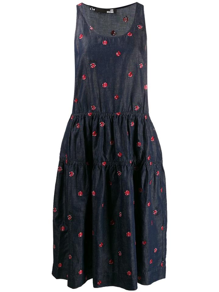 Love Moschino Ladybird Embroidered Denim Midi Dress - Blue