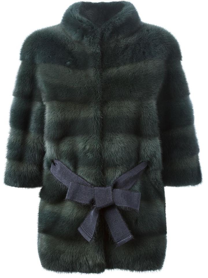 Liska Belted Striped Jacket, Women's, Size: Large, Green, Mink Fur/leather