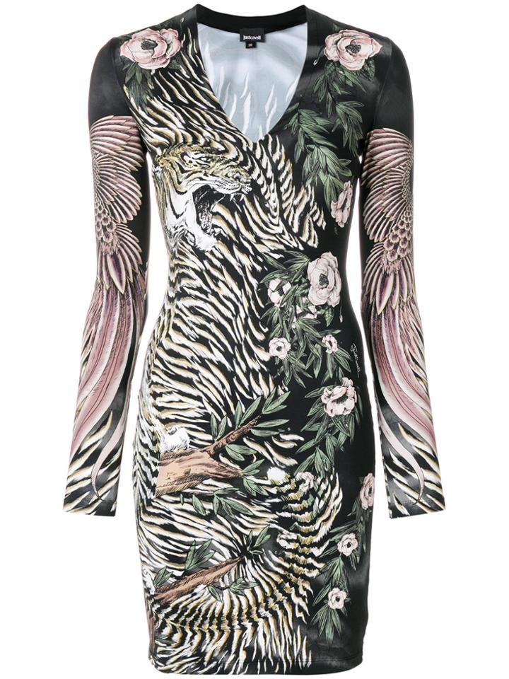 Just Cavalli Tiger And Floral Print Bodycon Dress - Black