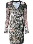 Just Cavalli Tiger And Floral Print Bodycon Dress - Black