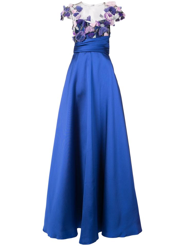 Marchesa Notte Floral Appliqué Gown - Blue