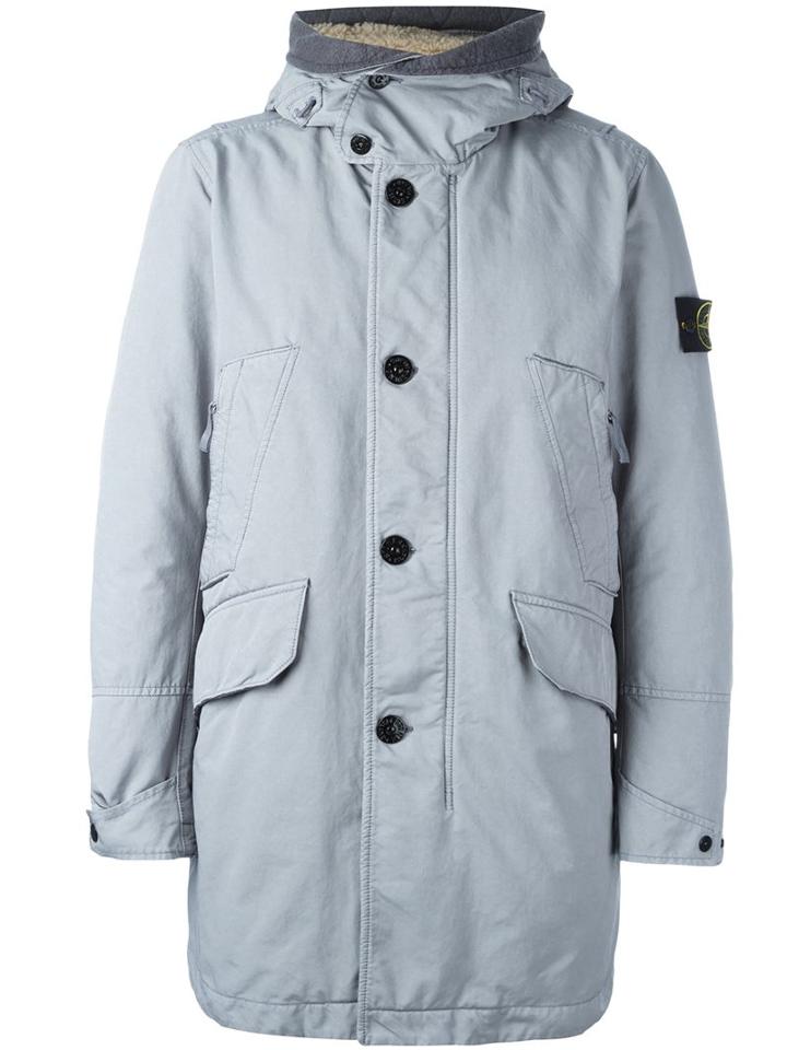Stone Island Logo Patch Padded Coat, Men's, Size: Xl, Grey, Feather Down/polyamide/lamb Fur