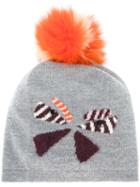 Fendi - Butterfly Pom Pom Beanie - Women - Fox Fur/virgin Wool - One Size, Grey, Fox Fur/virgin Wool