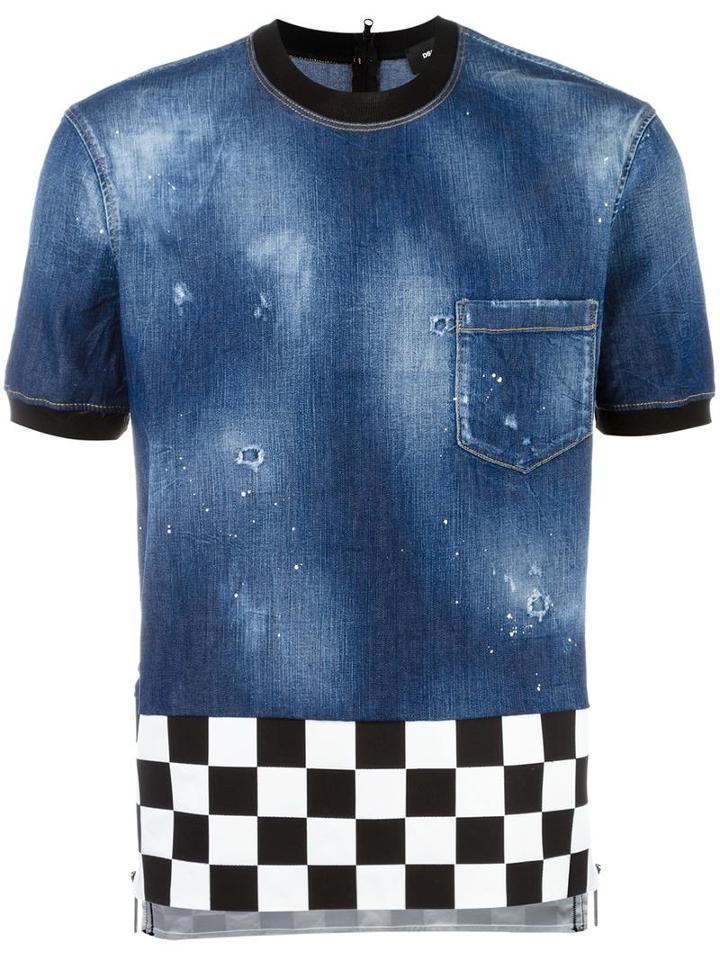 Dsquared2 Checkerboard Hem Denim Top, Men's, Size: 46, Blue, Cotton/elastodiene
