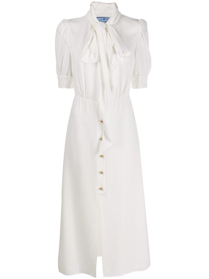 Prada Silk Blend Embellished Buttoned Dress - White