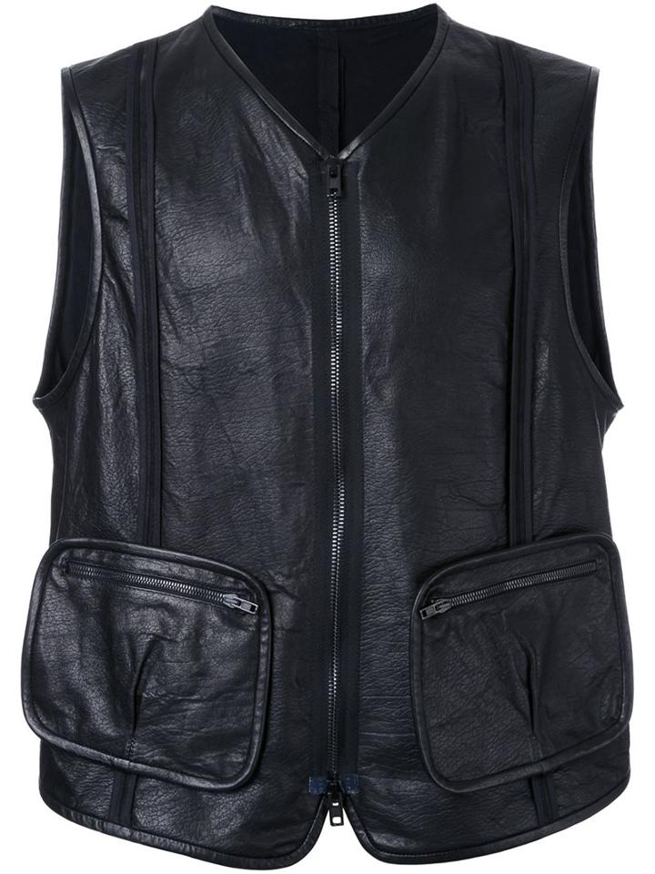 Isabel Benenato Leather Vest, Men's, Size: 46, Black, Linen/flax/leather/wool