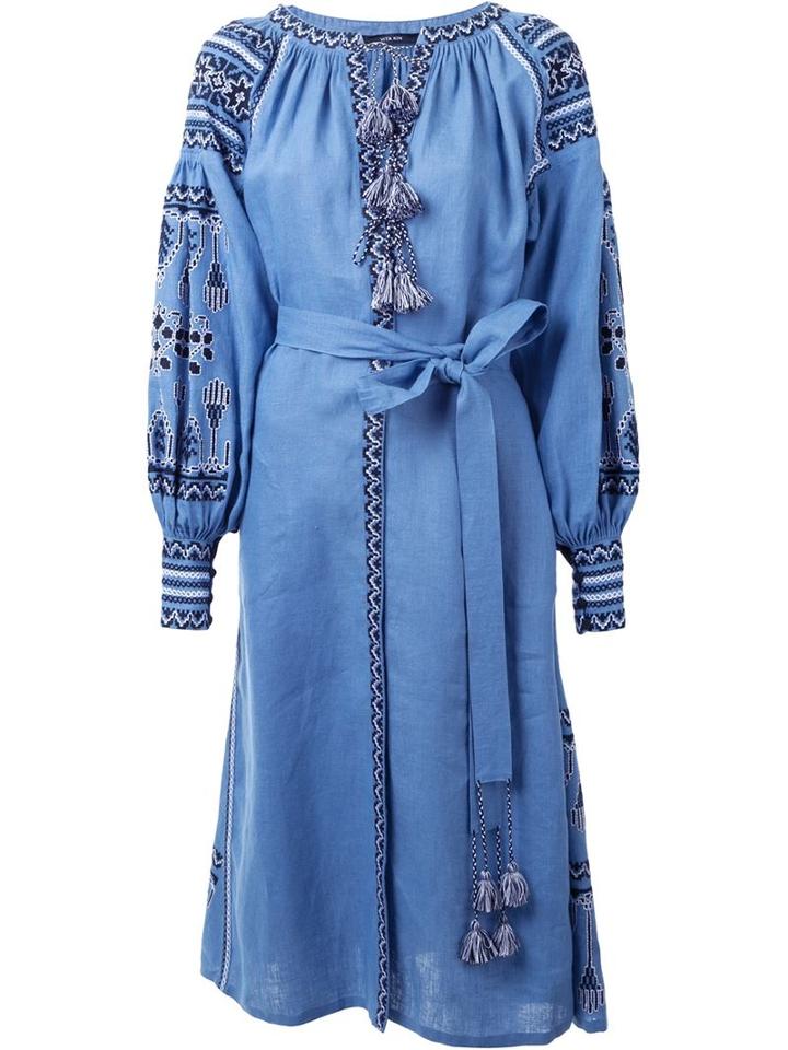 Vita Kin Embroidered Flared Midi Dress, Women's, Size: Xs, Blue, Linen/flax