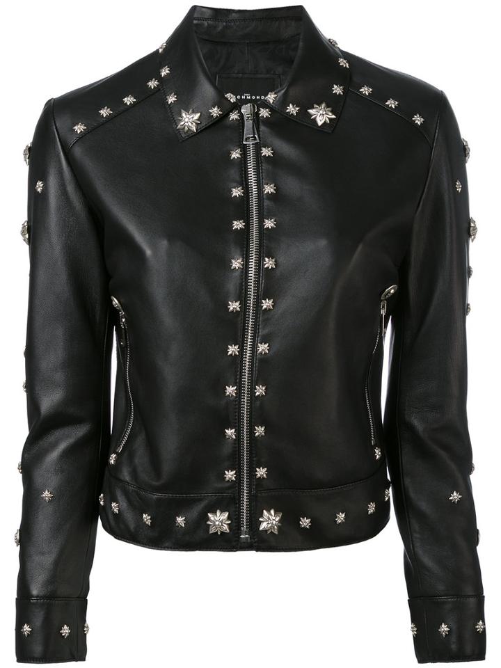 John Richmond - Floral Studded Biker Jacket - Women - Lamb Skin/polyester - S, Black, Lamb Skin/polyester
