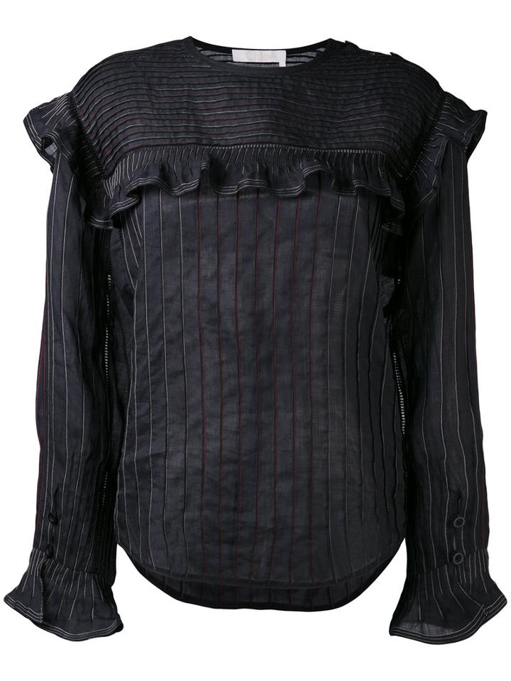 Chloé - Ruffle Striped Top - Women - Cotton/ramie - 36, Black, Cotton/ramie