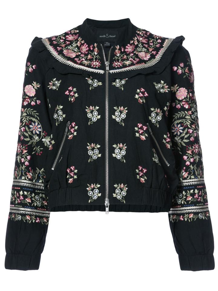 Needle & Thread Floral Embroidered Bomber Jacket - Black