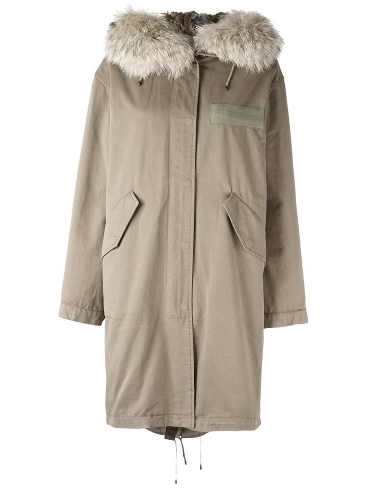 Yves Salomon Hooded Knee Length Parka Coat, Women's, Size: 36, Green, Polyester/coyote Fur/rabbit Fur/cotton