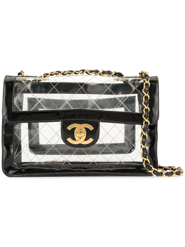 Chanel Vintage Cc Logos Jumbo Xl Double Chain Shoulder Bag - Black
