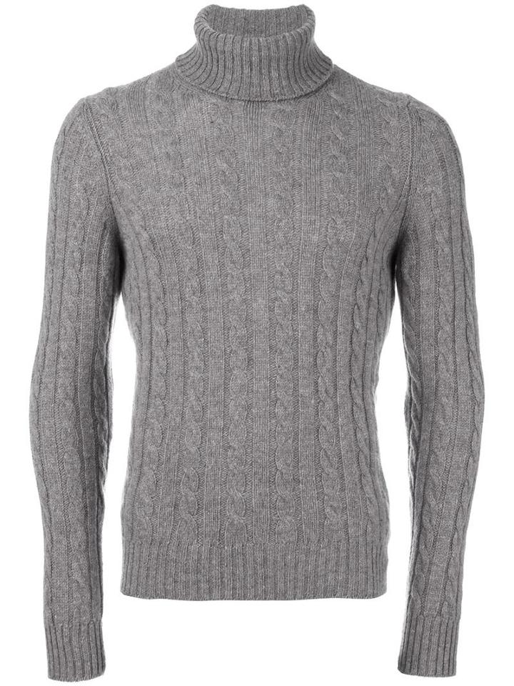 Zanone Cable Knit Turtleneck Jumper, Men's, Size: 54, Grey, Virgin Wool