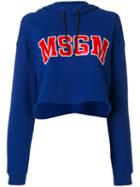 Msgm - Logo Print Cropped Hoodie - Women - Cotton - M, Blue, Cotton