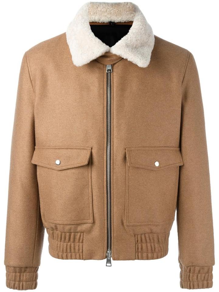 Ami Alexandre Mattiussi Shearling Collar Zipped Jacket, Men's, Size: Large, Nude/neutrals, Sheep Skin/shearling/polyamide/wool/polyester