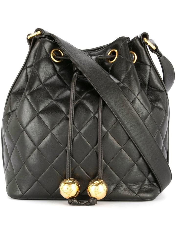 Chanel Vintage Quilted Cc Drawstring Shoulder Bag - Black