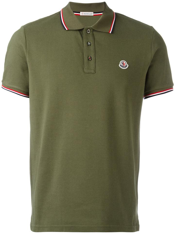 Moncler Striped Trim Polo Shirt, Men's, Size: Large, Green, Cotton