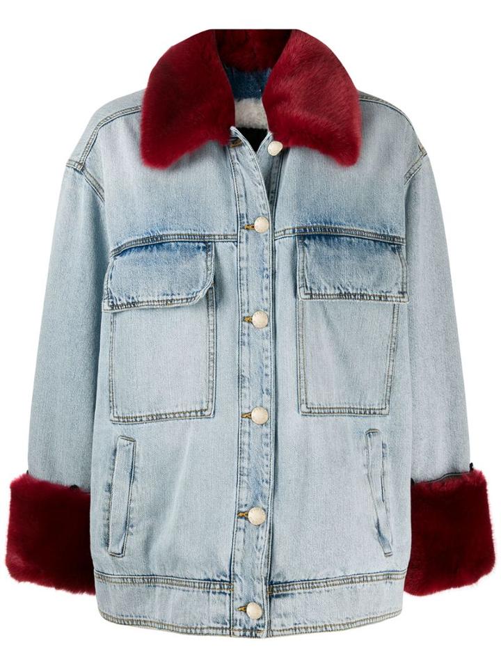 Pinko Faux Fur Trimmed Denim Jacket - Blue