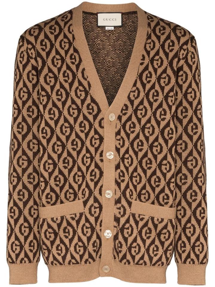 Gucci Rhombus Gg Logo-intarsia Cardigan - Brown