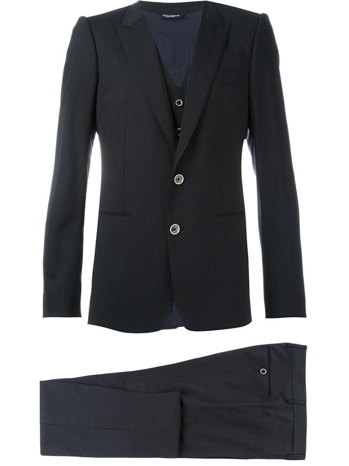 Dolce & Gabbana Pinstripe Three-piece Suit, Men's, Size: 52, Black, Polyester/spandex/elastane/cupro/wool