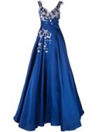 Marchesa Beaded Floral Flared Gown - Blue