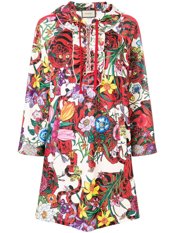 Gucci Floral Big Cat Print Hooded Dress - Multicolour