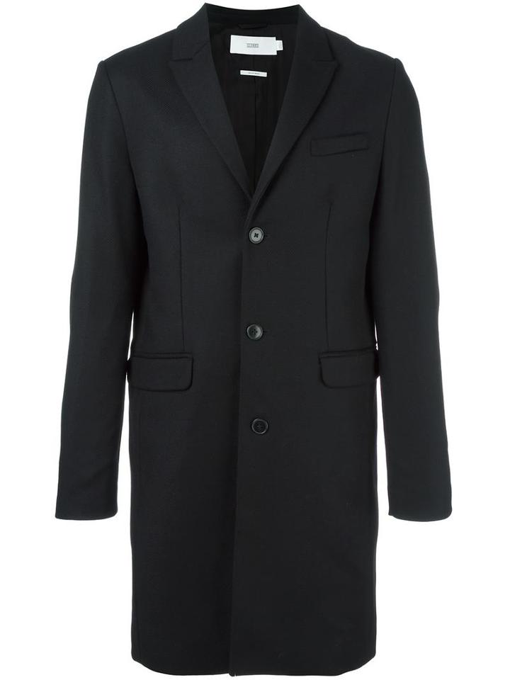 Closed Peaked Lapels Mid Coat, Men's, Size: Medium, Black, Virgin Wool/nylon/viscose