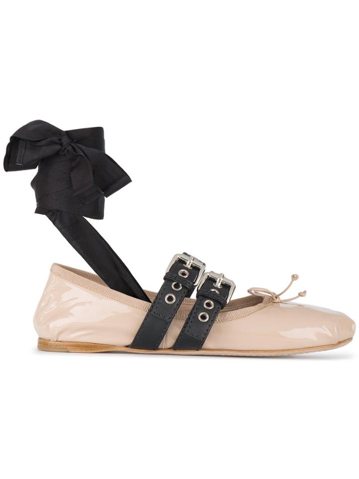 Miu Miu Nude Patent Double Buckle Ballerina Flats - Nude & Neutrals