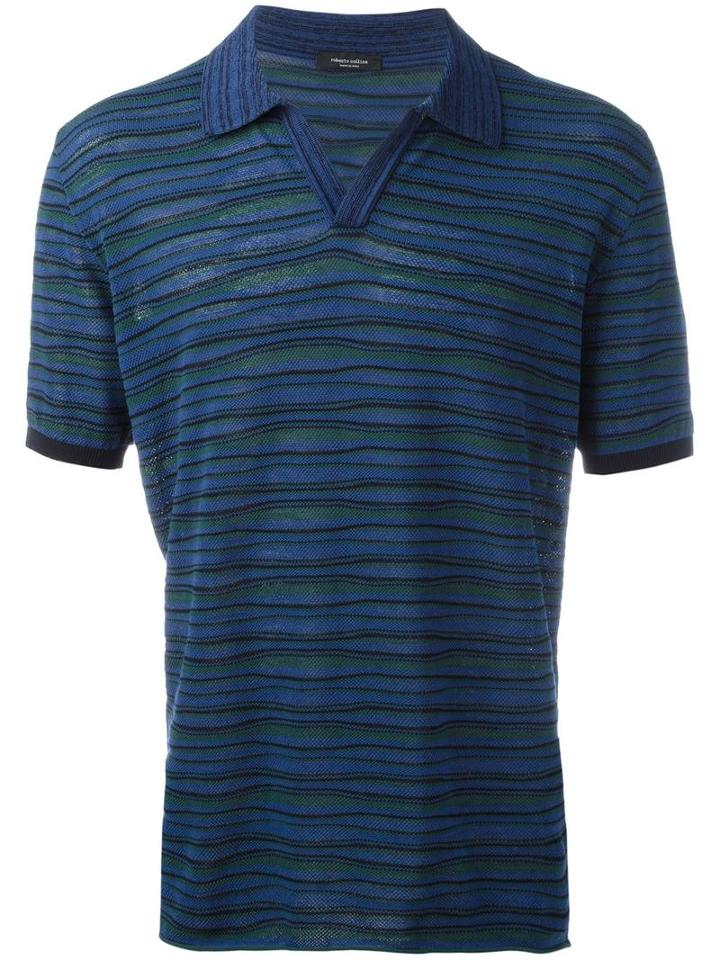 Roberto Collina Striped Polo Shirt, Men's, Size: 50, Blue, Cotton