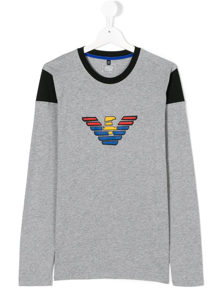 Armani Junior Logo Print Long Sleeve T-shirt - Grey