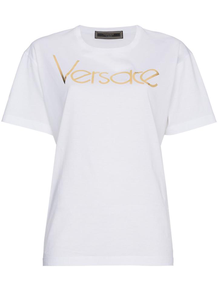 Versace Metallic Logo Print Short Sleeve T Shirt - White