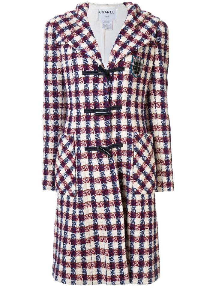 Chanel Pre-owned Checked Tweed Hooded Coat - Red
