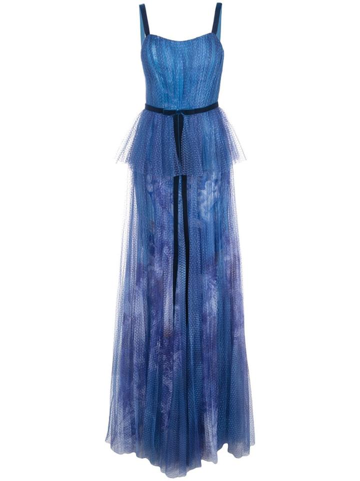 Marchesa Notte Printed Sequin Pleated Tulle Gown - Blue