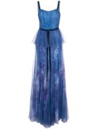 Marchesa Notte Printed Sequin Pleated Tulle Gown - Blue