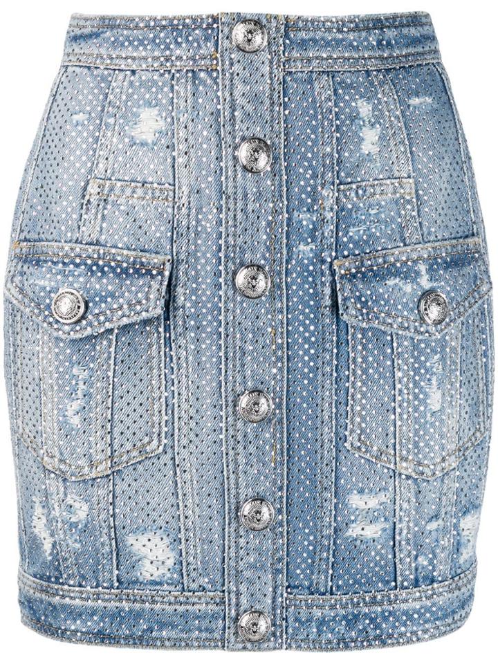 Balmain Distressed Crystal Denim Skirt - Blue