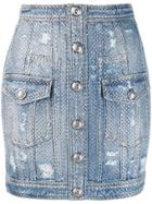 Balmain Distressed Crystal Denim Skirt - Blue